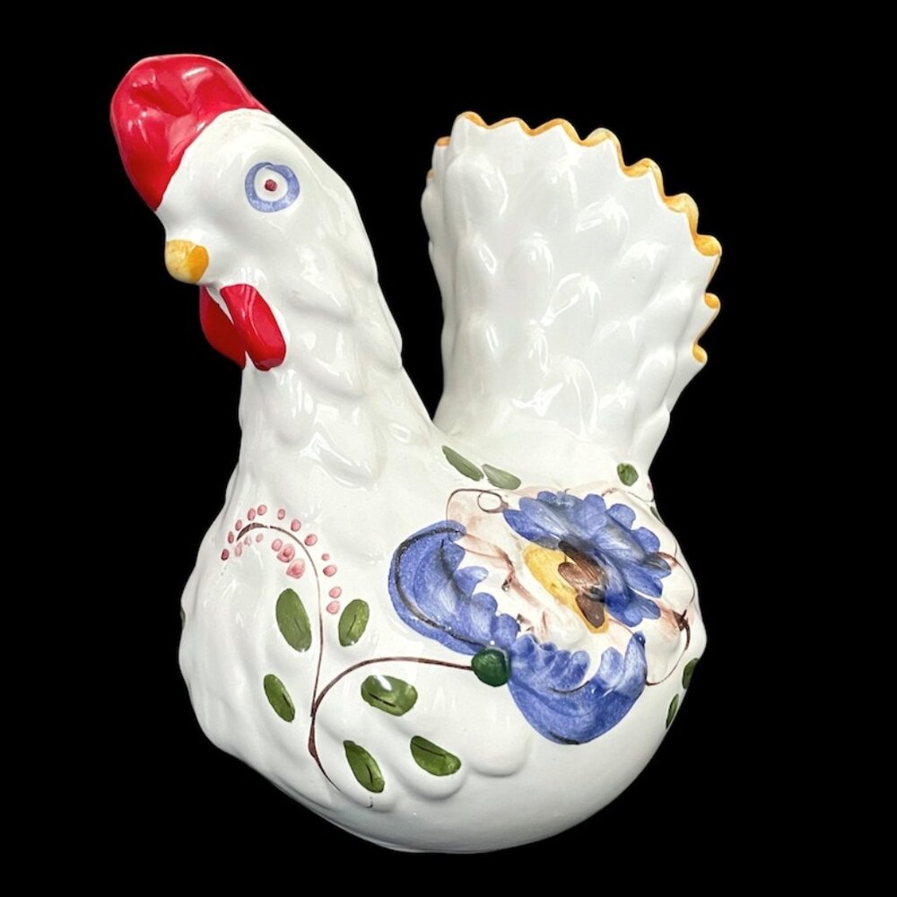 Vintage 1980s Folk Art Portugal Lucky Barcelos Hen Blue & White Ceramic Figurine